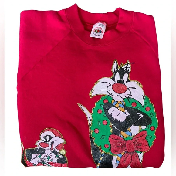 Vintage red crew neck Cartoon Network looney tunes Sylvester Christmas sweater - Picture 1 of 8